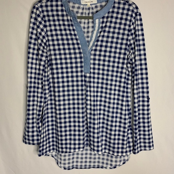 Eden & Olivia Shirt Size S Blue Plaid Long Sleeve Roll Tab Sleeves Anthropologie - Picture 5 of 11